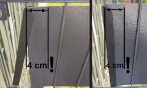 Szary panel ogrodzeniowy, montaż taśmy ogrodzeniowej. Wymiar 4 cm zaznaczony na dwóch zdjęciach.
