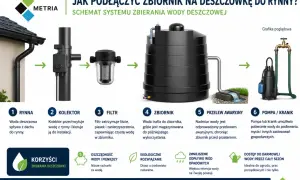 Schemat zbierania deszczówki z rynny: woda spływa do kolektora, filtra, a następnie do zbiornika. Nadmiar odprowadza przelew awaryjny.