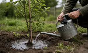 Ręce podlewają młode drzewko owocowe z konewki. Dbanie o nawadnianie drzew owocowych to klucz do obfitych plonów.