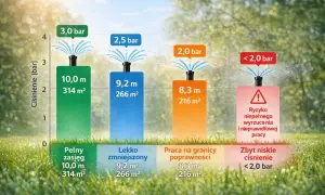 Wykres pokazuje, jak zmierzyć ciśnienie wody w kranie i jego wpływ na zasięg zraszacza. Różne ciśnienia dają różne efekty.