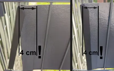 Szary panel ogrodzeniowy, montaż taśmy ogrodzeniowej. Wymiar 4 cm zaznaczony na dwóch zdjęciach.