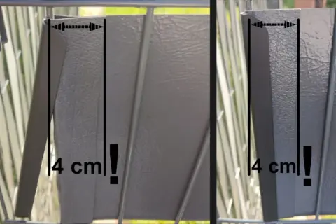 Szary panel ogrodzeniowy, montaż taśmy ogrodzeniowej. Wymiar 4 cm zaznaczony na dwóch zdjęciach.