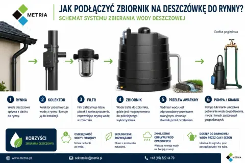 Schemat zbierania deszczówki z rynny: woda spływa do kolektora, filtra, a następnie do zbiornika. Nadmiar odprowadza przelew awaryjny.