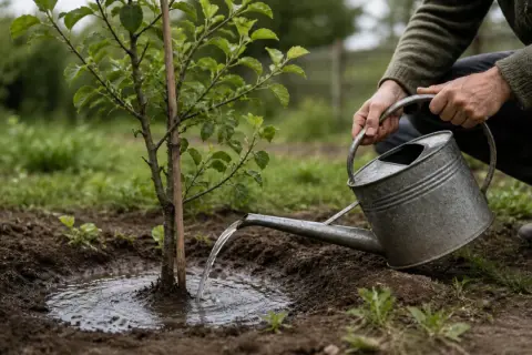 Ręce podlewają młode drzewko owocowe z konewki. Dbanie o nawadnianie drzew owocowych to klucz do obfitych plonów.