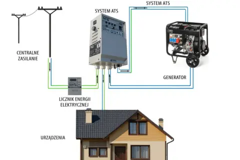 Schemat jak zrobić prąd na działce: zasilanie centralne, licznik, system ATS i generator zapewniają energię dla urządzeń w domu.