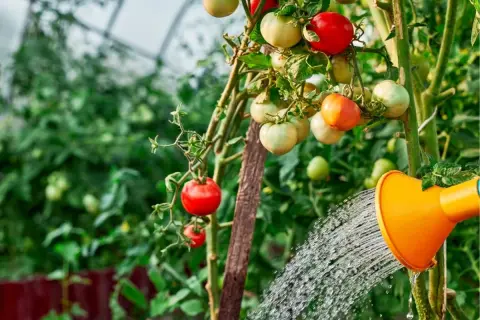 Podlewanie pomidorów w szklarni. Pomarańczowa konewka z wodą podlewa krzak pomidorów z dojrzewającymi owocami.
