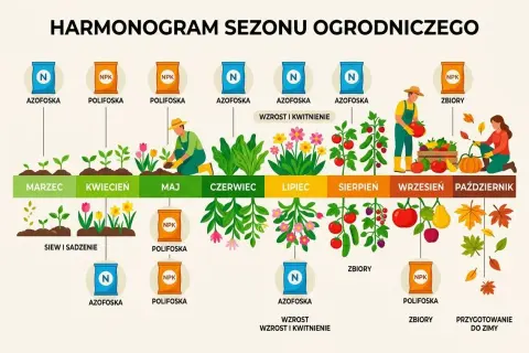 Harmonogram sezonu ogrodniczego: polifoska zastosowanie w ogrodzie od marca do października, od siewu po zbiory i przygotowanie do zimy.