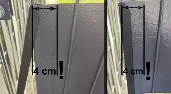 Szary panel ogrodzeniowy, montaż taśmy ogrodzeniowej. Wymiar 4 cm zaznaczony na dwóch zdjęciach.