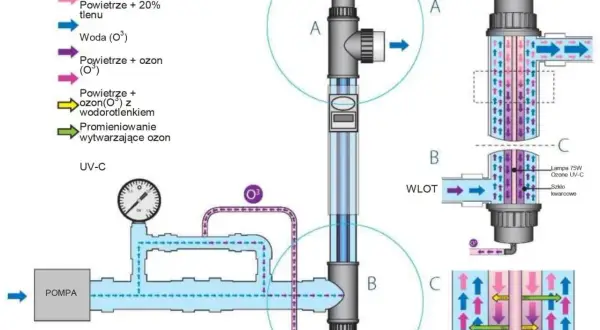 Schemat podłączania lampy UV w oczku wodnym z ozonatorem. Pokazuje przepływ wody, powietrza i ozonu przez system.