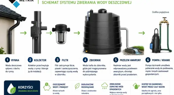 Schemat zbierania deszczówki z rynny: woda spływa do kolektora, filtra, a następnie do zbiornika. Nadmiar odprowadza przelew awaryjny.
