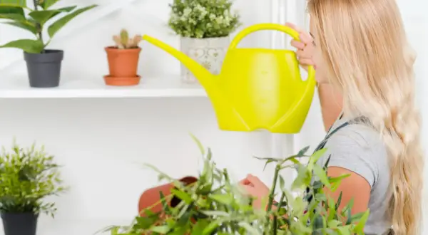 Dziewczyna z długimi blond włosami podlewa rośliny żółtą konewką. Dbanie o kwiaty to ważna czynność, a pytanie "jak często podlewać kwiaty" jest kluczowe dla ich zdrowia.
