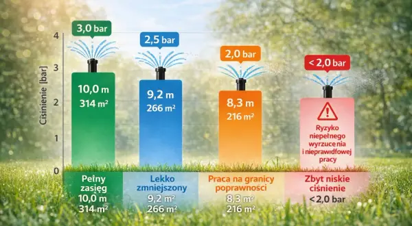 Wykres pokazuje, jak zmierzyć ciśnienie wody w kranie i jego wpływ na zasięg zraszacza. Różne ciśnienia dają różne efekty.