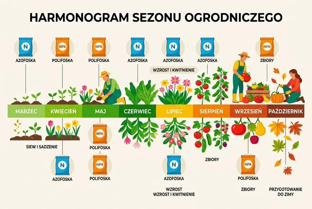 Harmonogram sezonu ogrodniczego: polifoska zastosowanie w ogrodzie od marca do października, od siewu po zbiory i przygotowanie do zimy.