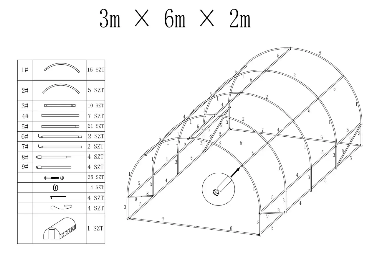 Schemat montażu tunelu foliowego 3x6x2m. Instrukcja zawiera listę części i rysunek konstrukcji.