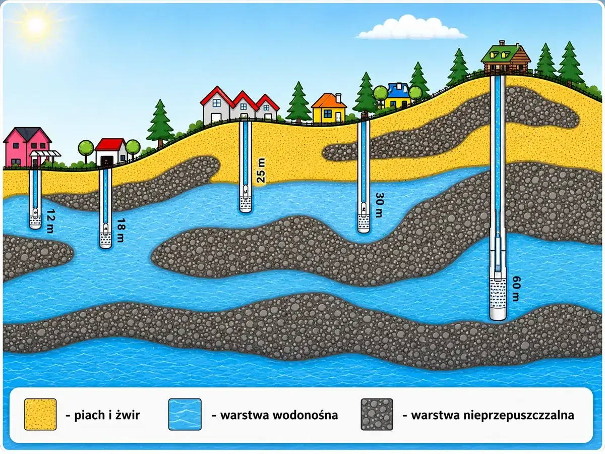 Ilustracja pokazuje, jak szukać wody na działce, prezentując różne głębokości studni (12m, 18m, 25m, 30m, 60m) i warstwy gruntu.