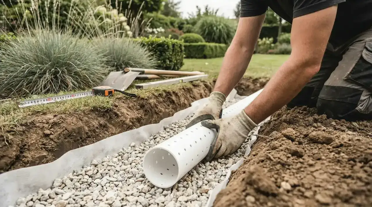 Instalacja drenażu powierzchniowego ogrodu. Ręce w rękawiczkach układają perforowaną rurę w wykopie z żwirem i geowłókniną.