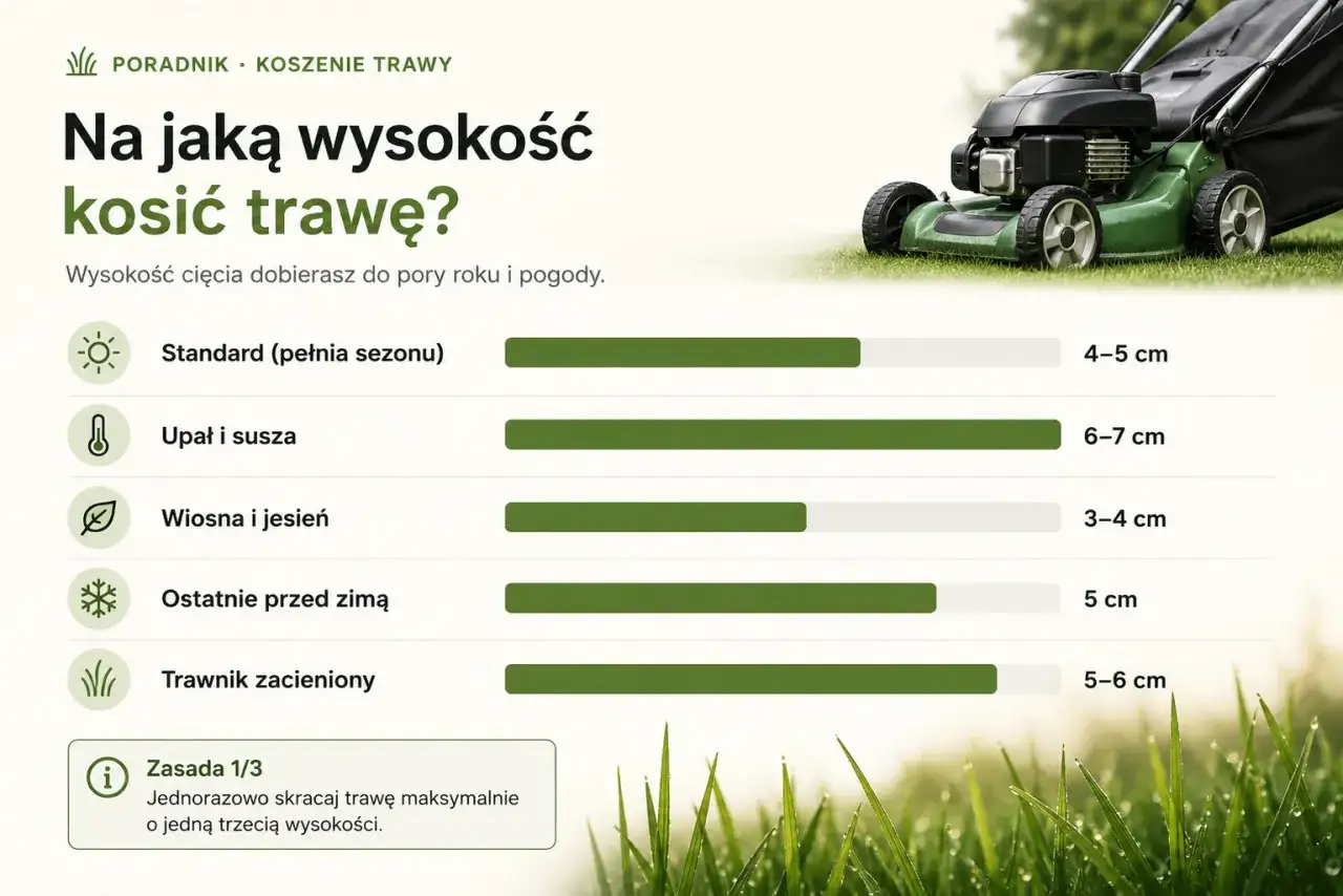 Poradnik koszenia trawy: na ile cm kosić trawę? W zależności od pory roku i pogody, wysokość cięcia powinna wynosić od 3 do 7 cm.