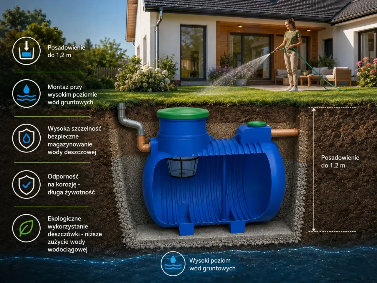 System zbierania deszczówki z dachu 200m2. Zbiornik podziemny, odporny na korozję, montowany do 1,2m głębokości, nawet przy wysokim poziomie wód gruntowych.