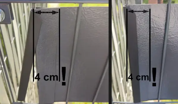 Szary panel ogrodzeniowy, montaż taśmy ogrodzeniowej. Wymiar 4 cm zaznaczony na dwóch zdjęciach.