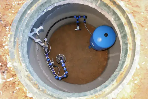 System hydroforowy w studni głębinowej. Jak sprawdzić lustro wody w studni głębinowej? Widoczny manometr i zbiornik.