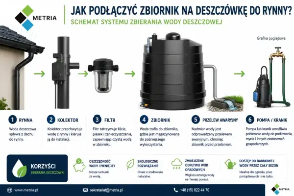 Schemat zbierania deszczówki z rynny: woda spływa do kolektora, filtra, a następnie do zbiornika. Nadmiar odprowadza przelew awaryjny.