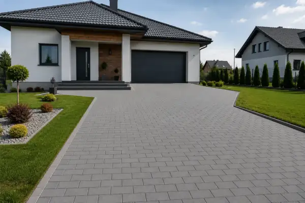 Nowy podjazd z kostki brukowej przed nowoczesnym domem. Czekamy na odpowiedni czas, po jakim można wjechać na kostkę, by cieszyć się idealnym wyglądem.